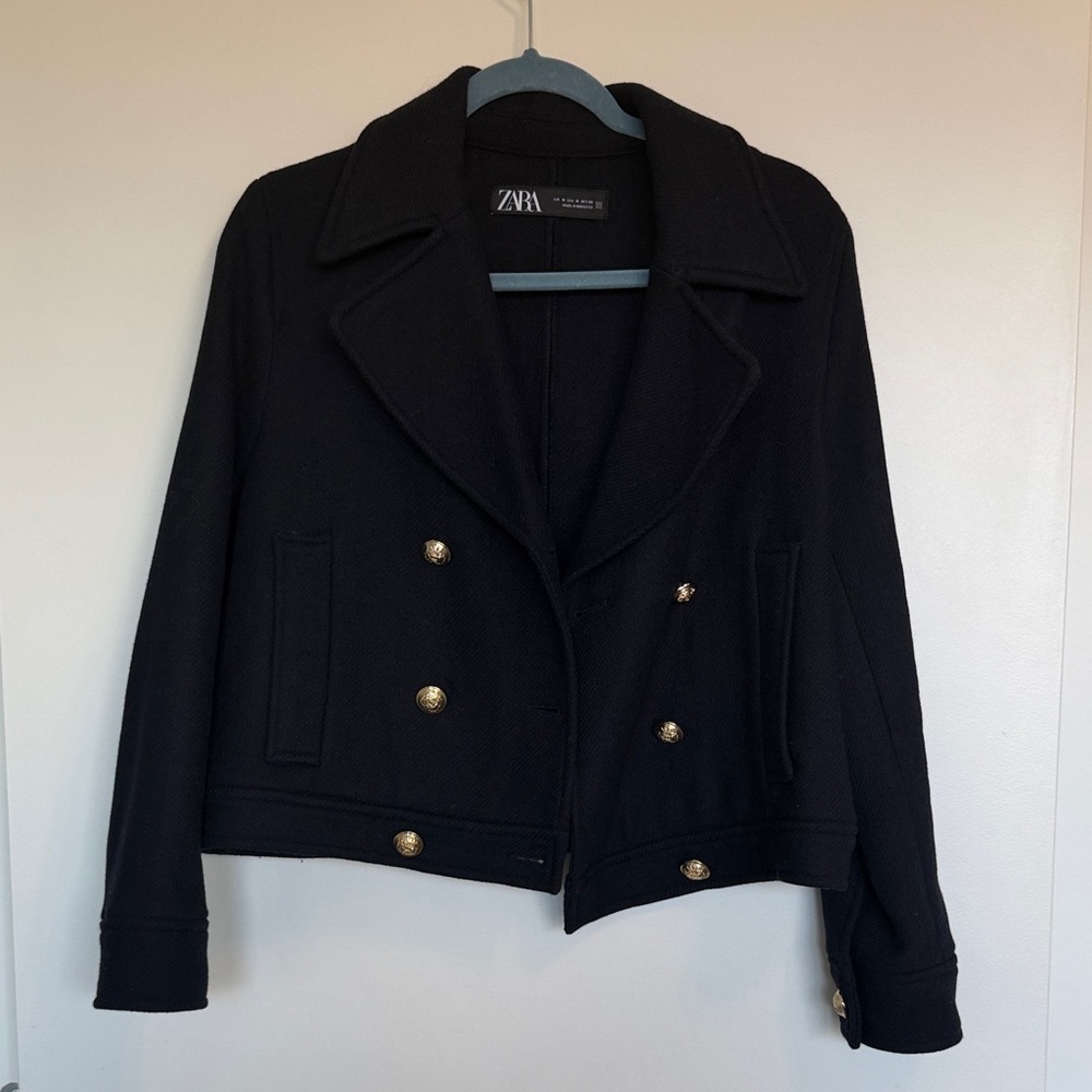 Zara Elegant Black Pea Coat with Gold Buttons